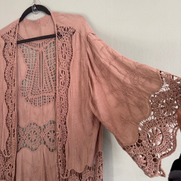 crochet kimono robe taupe tan beige long oversized bell sleeve open medium large - Picture 5 of 14